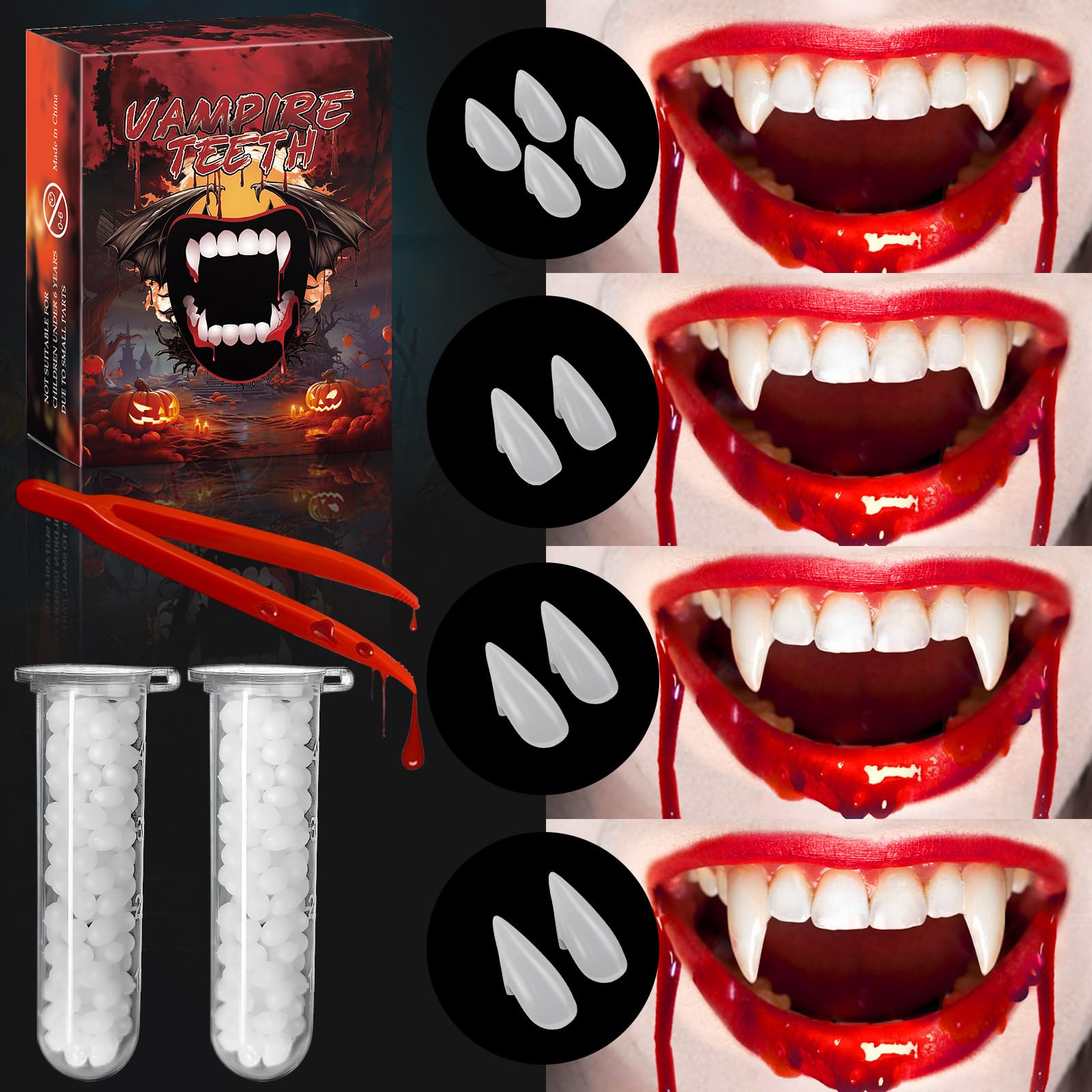 CPSYUB Vampire Teeth Fangs - 5 Pairs 4 Sizes Halloween Accessories for Kids Adults Men Women - Party Cosplay Props Decor Sharp Fake Teeth With Glue for Makeup Gift