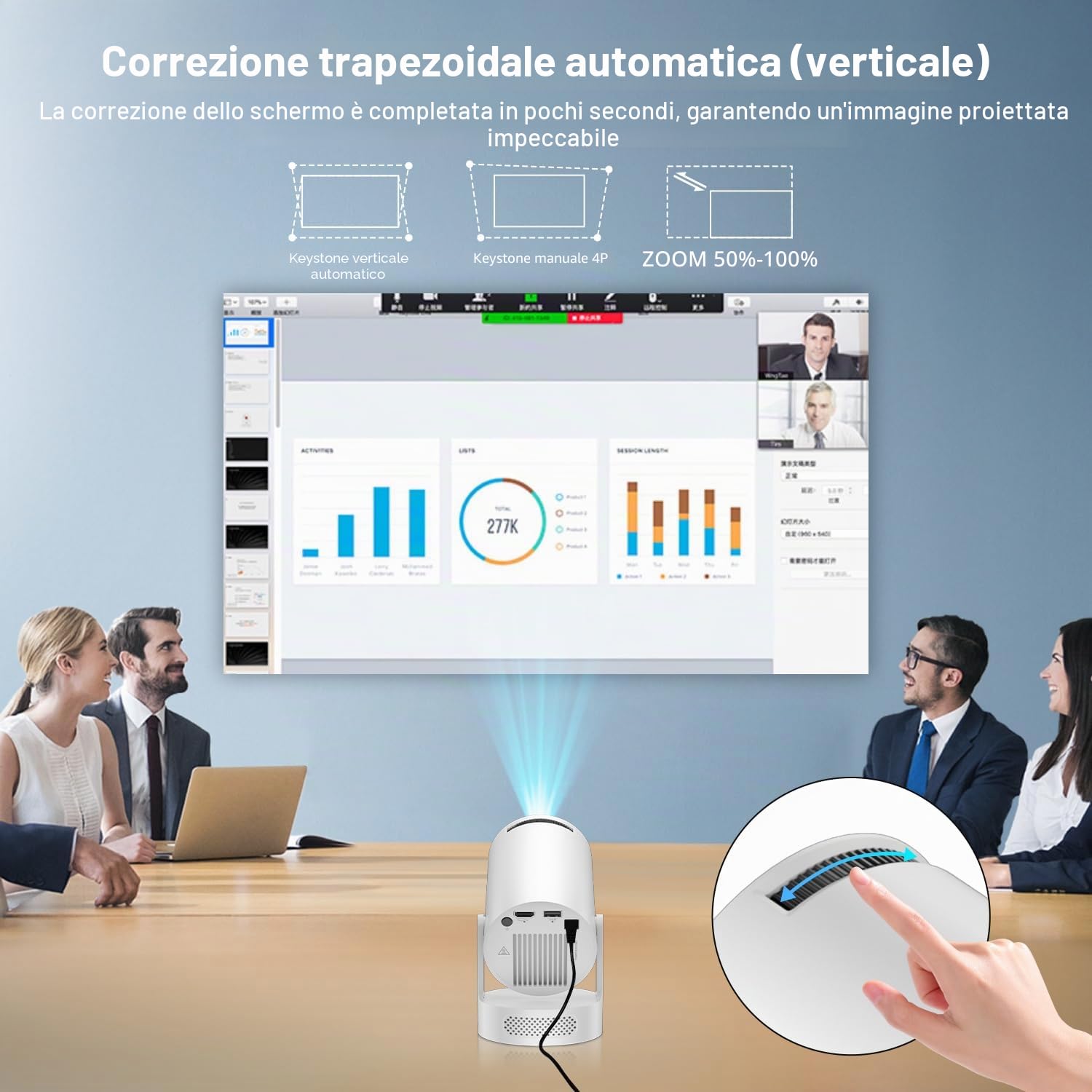Salange Mini Proiettore 4K Supportato, Intelligente HD 1080P Supporta Android 14.0, Proiettore Cellulare Piccolo per Esterni, Girevole a 180°, Altoparlante Soundbass, Correzione