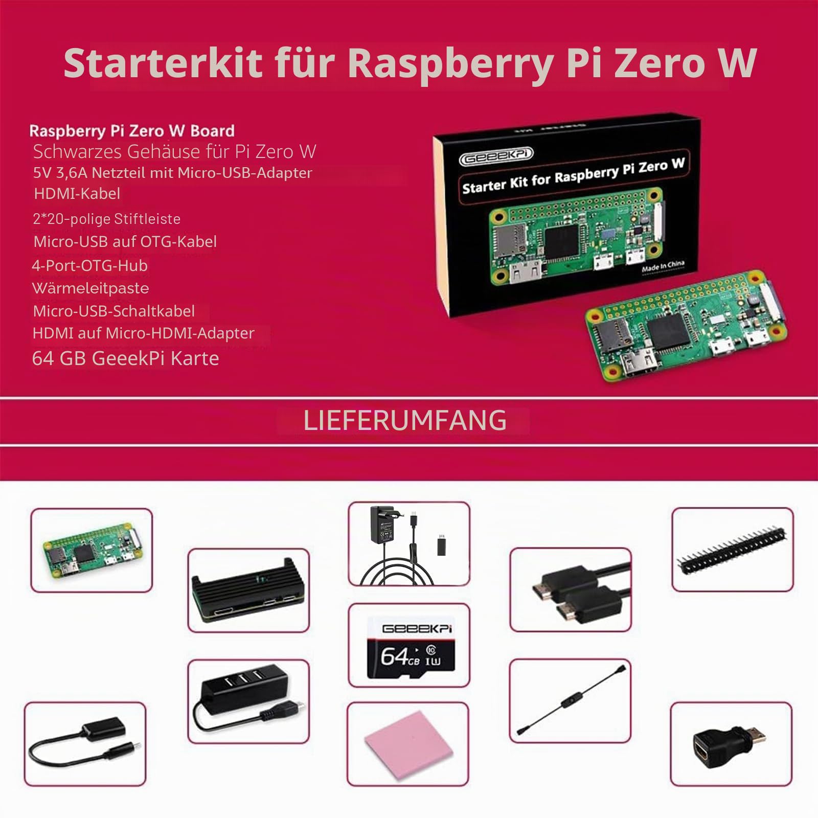 GeeekPi Starter Kit für Raspberry Pi Zero W, mit RPi Zero W Aluminum Gehäuse, 64GB SD Karte, Netzteil, 20Pin Header, Micro USB to OTG Adapter, HDMI Kabel, HDMI Adapter, Switch Kabel and 4 Port USB Hub