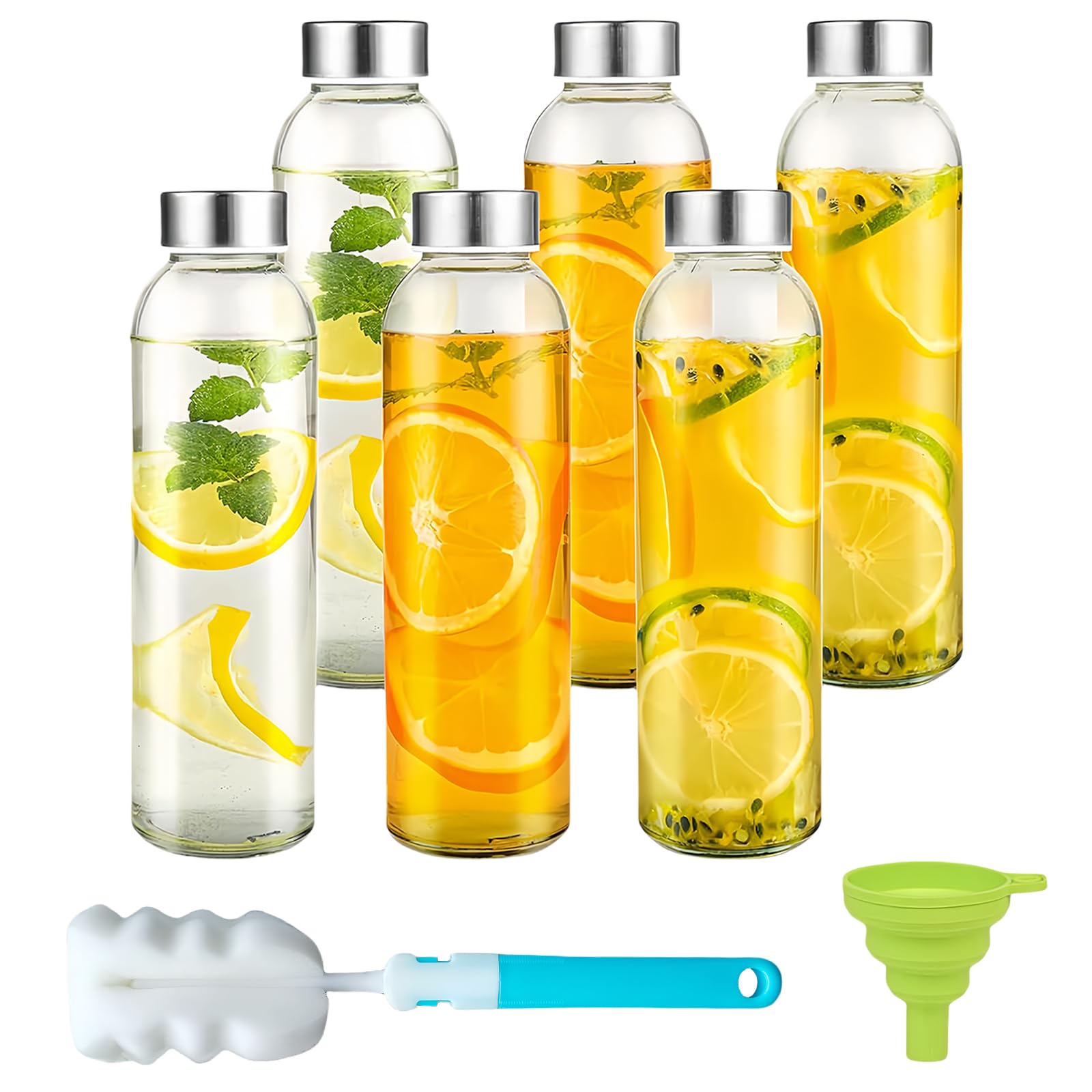 6 Pack Glass Juice Bottles with Caps, 18 oz Clear Glass Bottles, BPA Free Reusable Refillable for Juicing, Lids, Leak-Proof, Transparent