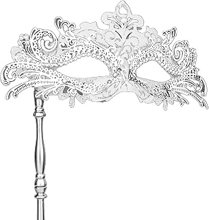 Masquerade Mask with Stick, Masquerade Mask Women Venetian Halloween Costume Mask Mardi Gras Party Masquerade Mask (Silver)