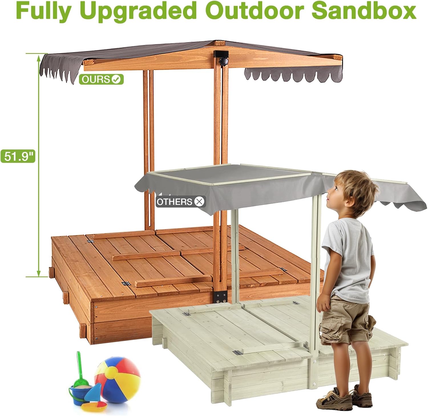 GUTINNEEN Wooden Sandbox with Adjustable Canopy, Outdoor Kids Sand Box with Foldable Benches, Sand Liner, Retractable Roof, 47”Lx47”Wx52”H
