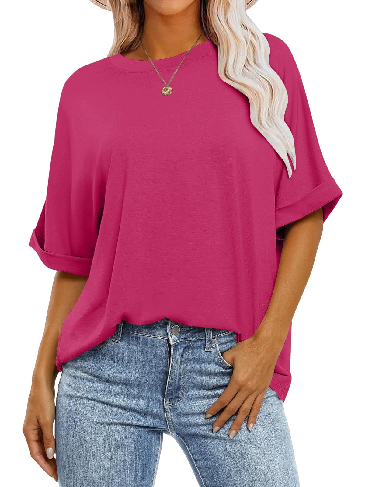 Cuptacc Tops für Damen Rundhalsausschnitt T-Shirt Damen Elegante Oberteile Tshirt Sommer Locker Basic Tops Rosarot S 34-36