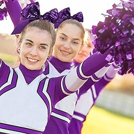 2 Packs Jumbo Cheerleading Bow 8 Inch Large Cheer Hair Bows with Ponytail Holder for Teen Girls Softball Outfit Uniform(Sequin Purple)