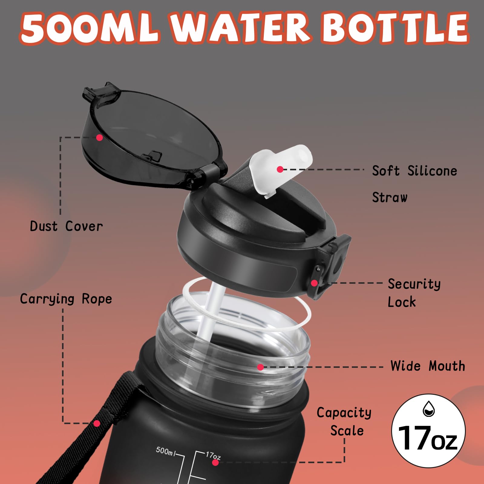 Grsta Borraccia, 500ml Borraccia Bambini, Senza Perdite, Bottiglia con Cannuccia, Facile da Pulire, Borracce Motivazionale, con Slogan Motivazionale, Borracce per Campeggio, Ufficio, Corsa, Scuole