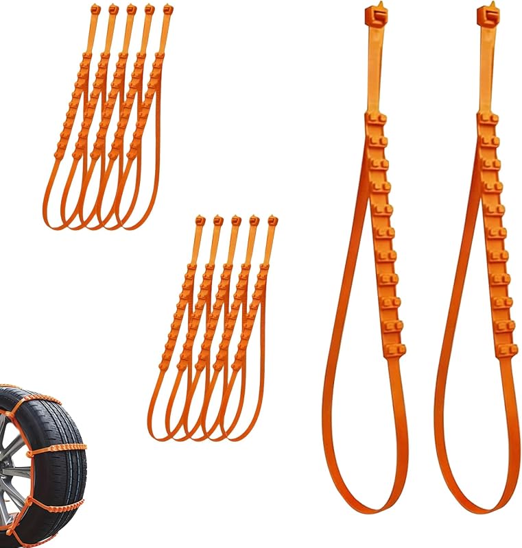 12 PCS Car Snow Tire Chains, Spiral Anti-skid Traction Straps, Portable Adjustable Zip Tie Tire Chain for Winter, Ice & Sand & Mud Emergency Accessory for Cars SUVs Trucks (Orange)