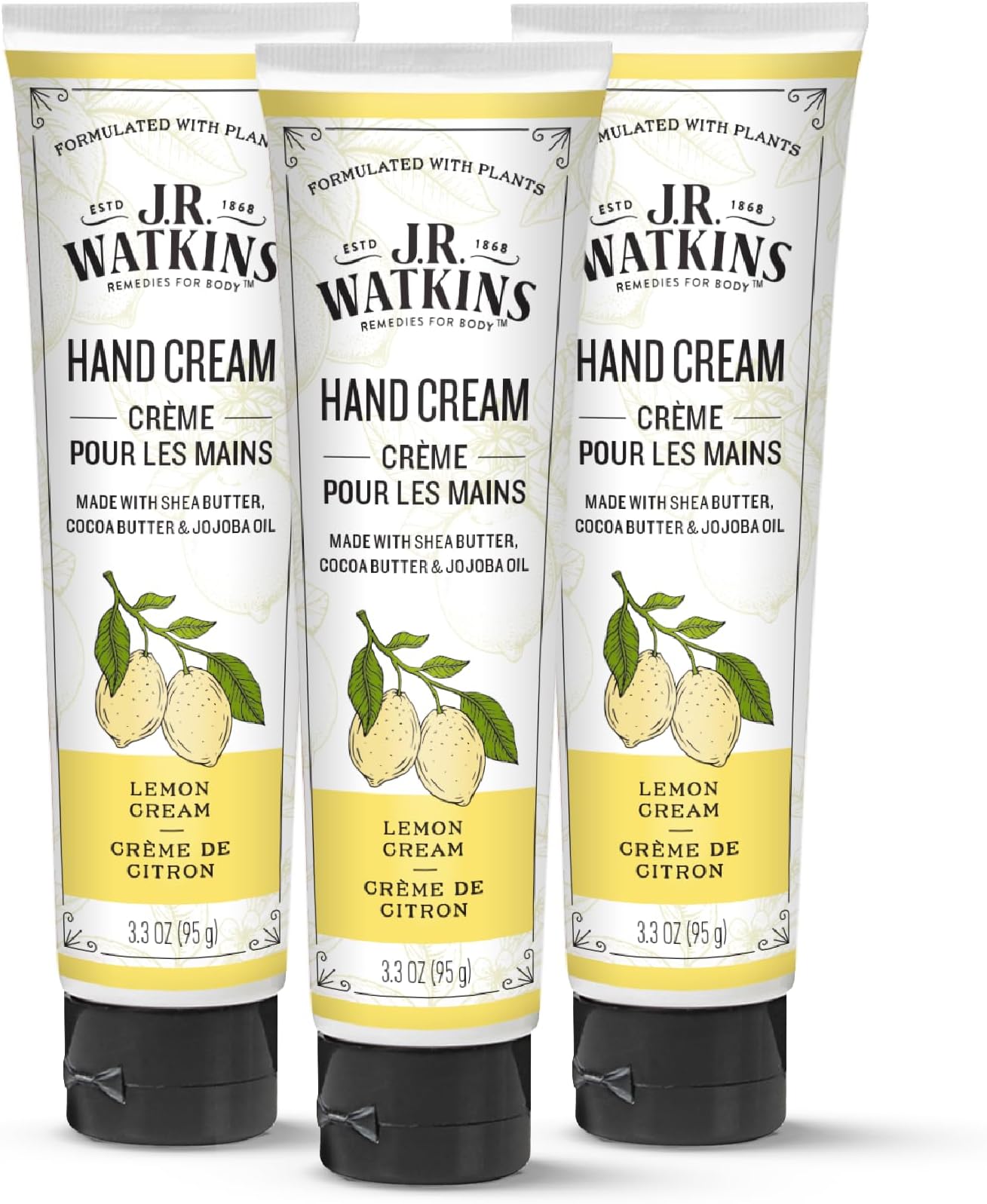 J.R. Watkins Natural Moisturizing Hand Cream, Hydrating Hand Moisturizer with Shea Butter, Cocoa Butter, and Avocado Oil, Cruelty Free, 3.3oz, Lemon Cream, 3 Pack