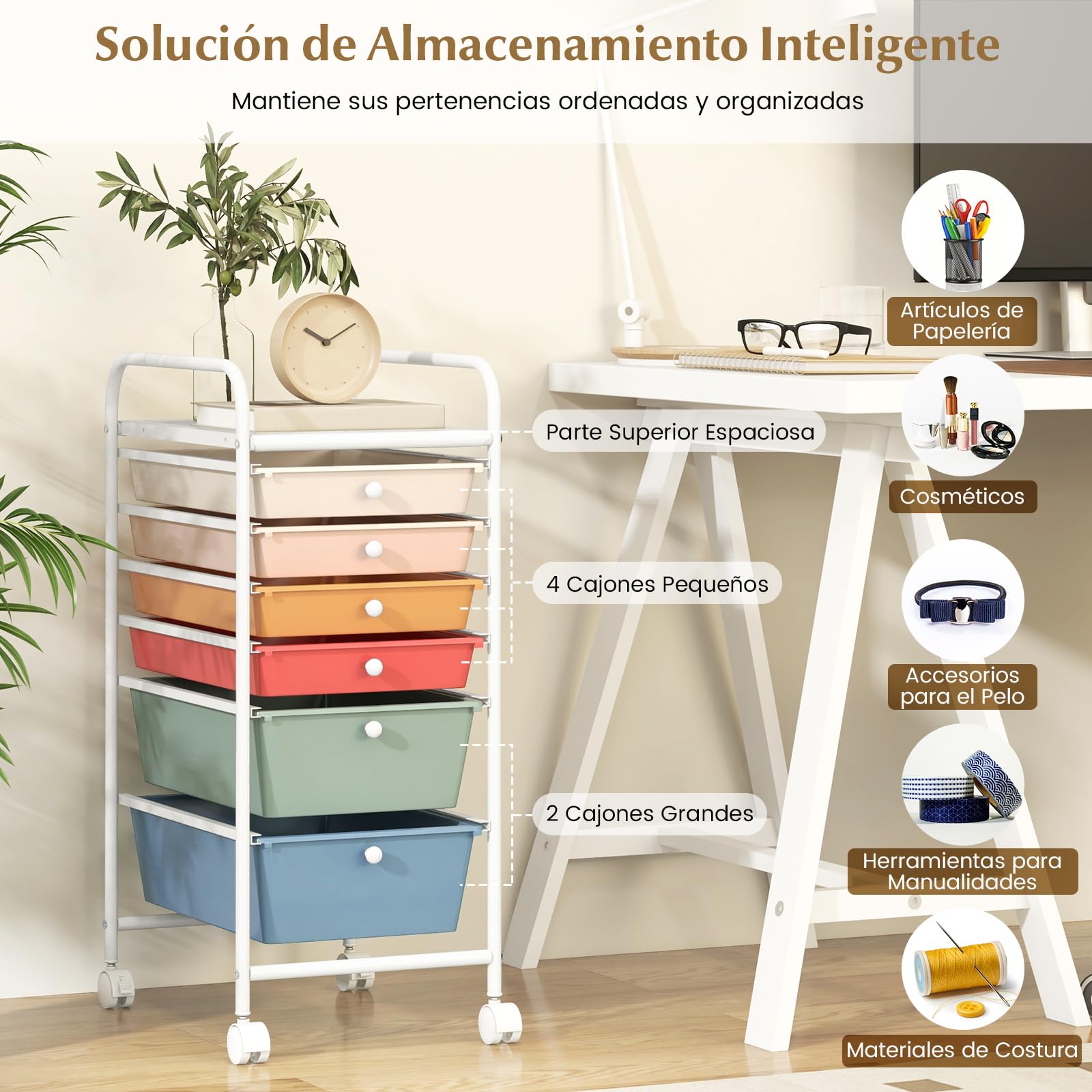 GIANTEX Carro de Almacenamiento con 6 Cajones, Cajonera con 4 Ruedas(2 con Frenos), Tablero y Marco de Metal, Cajones Plásticos, Carrito Auxiliar para Oficina, Dormitorio, Baño (Macaron)
