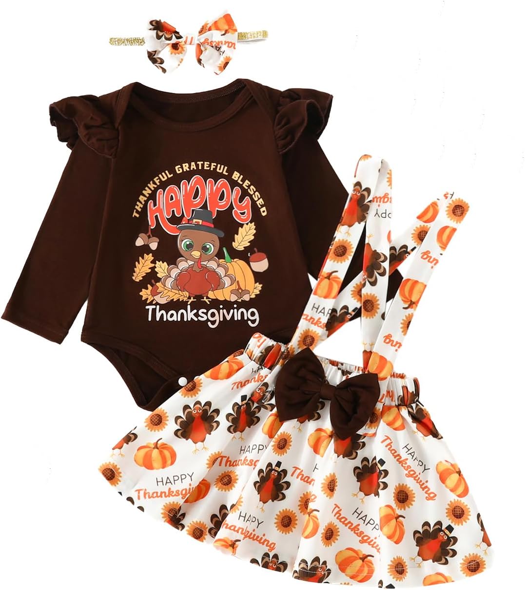 My First Thanksgiving Day Baby Girl Outfit Turkey Shirt Onesie Romper+Tulle Tutu Skirts+Leg Warmers 4Pcs Set