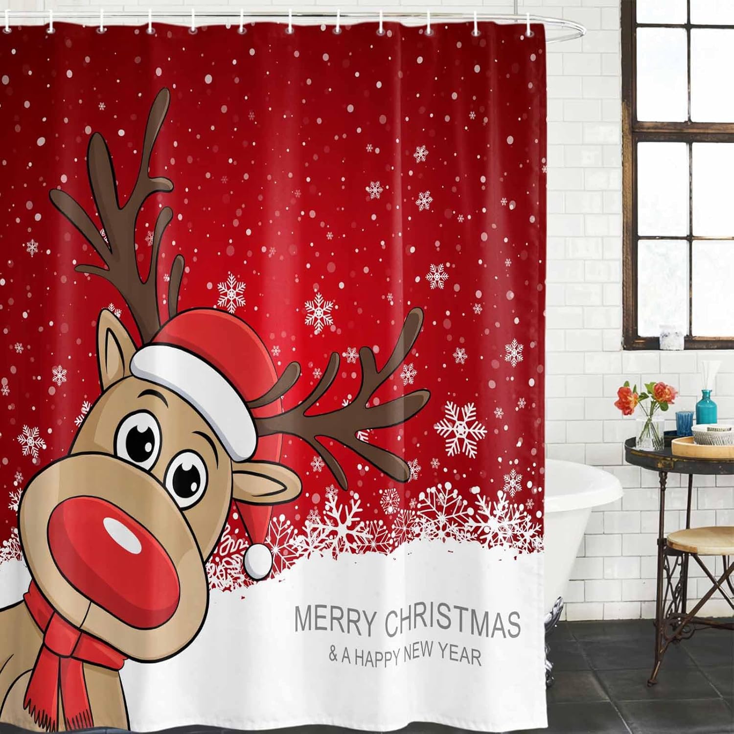 Decration colletion Decor,Bath Decor, Waterproof Polyester Shower Curtain with Christmas Reindeer Merry Christmas Happy New Year