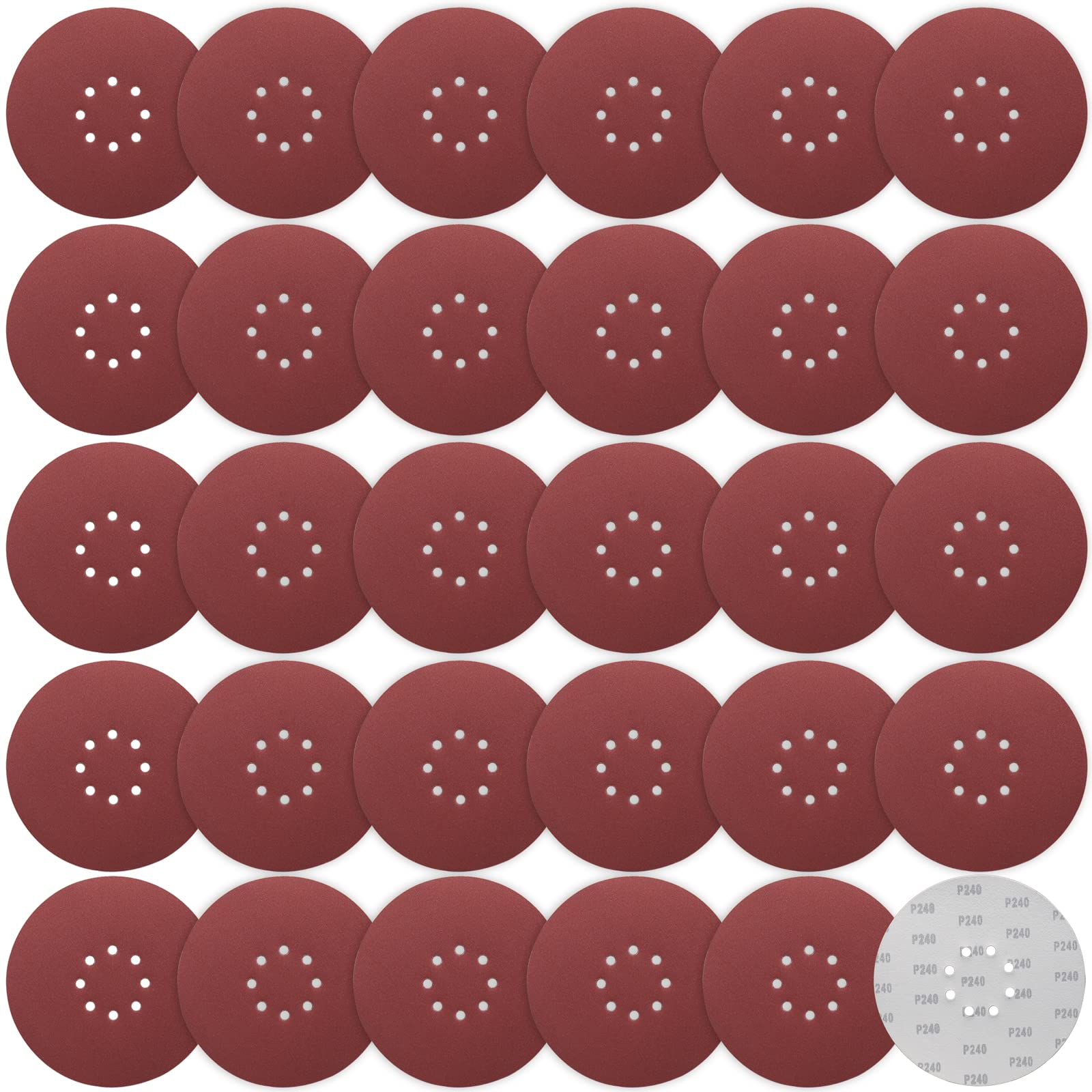 STEBRUAM Papier ścierny, rzep 225 mm, krążki szlifierskie, 30 sztuk, ziarnistość P240, 225 mm, krążki szlifierskie, 8 otworów, duży talerz szlifierski do szlifierek do suchej zabudowy, żyrafa,