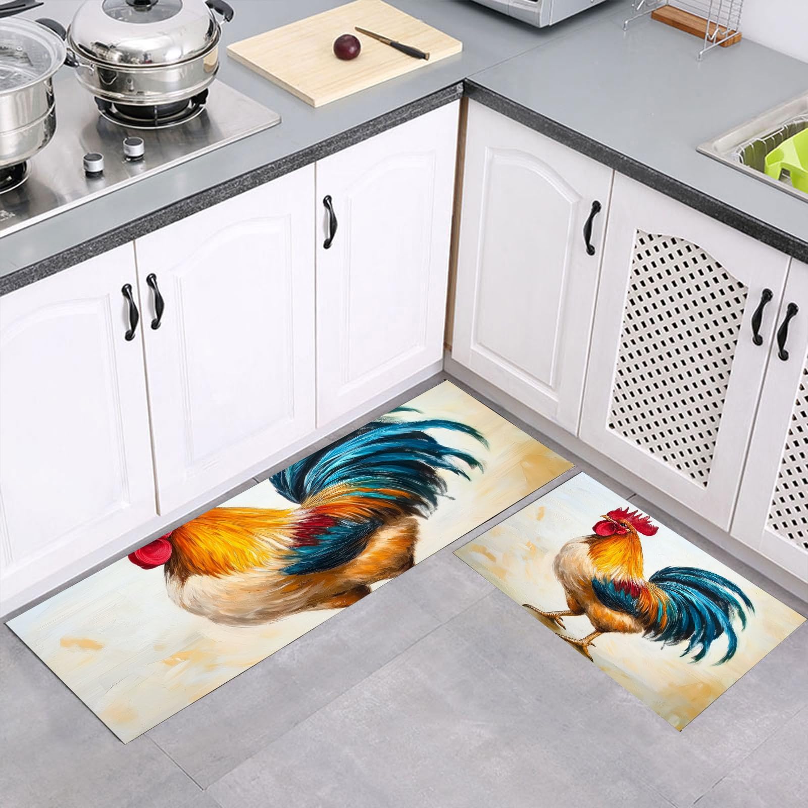 Juego de alfombras de cocina de alta calidad con pintura artística de gallo
