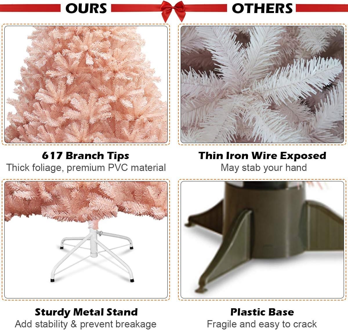 SPSUPE Pink Artificial Christmas Tree, Unlit Hinged Spruce Full Tree with Metal Stand, Easy to Assemble, Ideal for Festival Indoor Outdoor Use (6 ft)