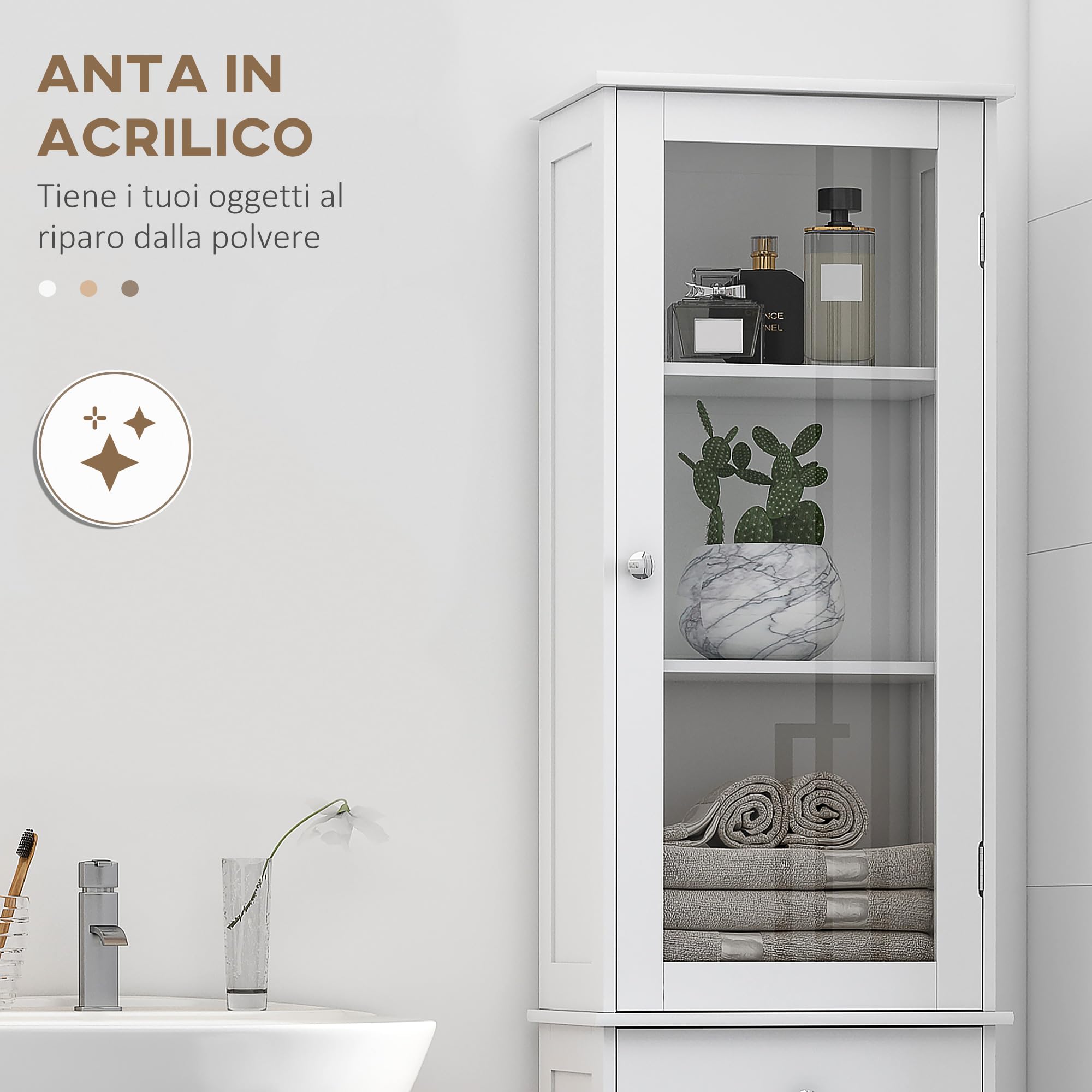kleankin Mobile Colonna Bagno, Mobiletto Bagno Salvaspazio con Ante Trasparente, Armadietto, Cassetto e Ripiani Regolabili in MDF, 40x27x171.5 cm, Bianco