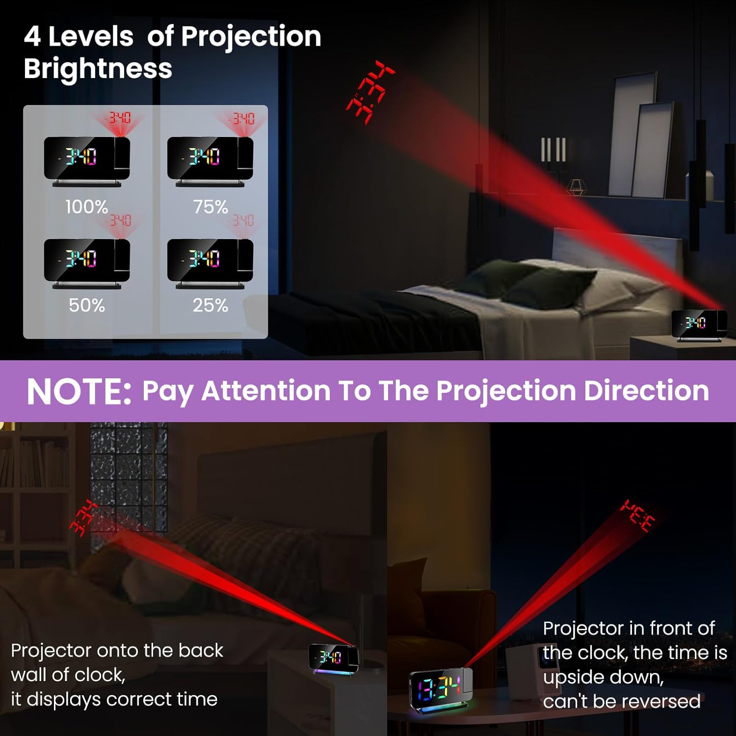 Digital Projection Alarm Clocks for Bedrooms,LED Mirror Digital Alarm Clocks with 180° Rotatable Projector, RGB Night Light,USB Charger Port, Auto Dimmer, Snooze function,FM radio function (Black)
