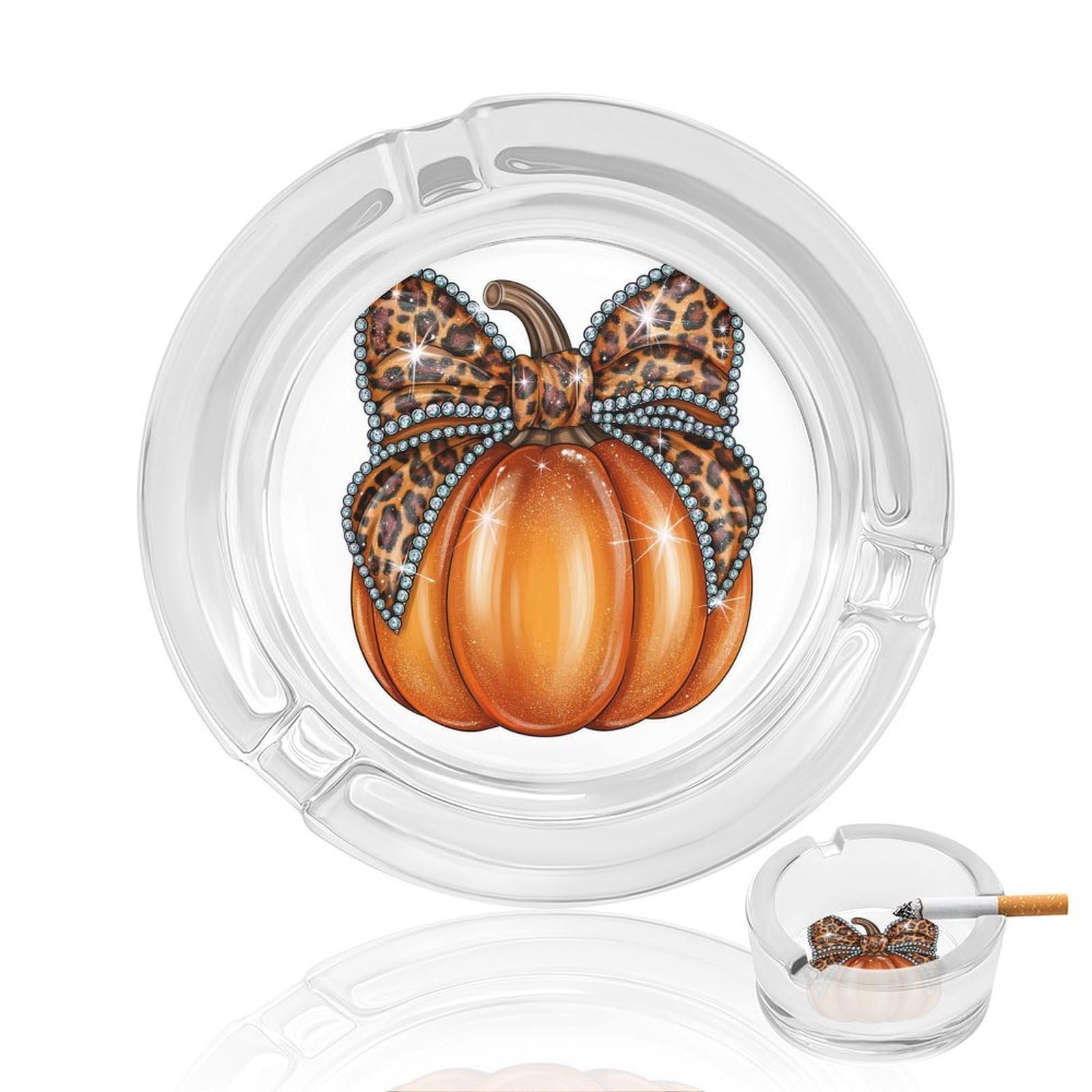 Orange Pumpkin with Leopard-print Bow Glass Ashtray for Cigarettes Portable Decorative Ash Trays for Home Office Decor