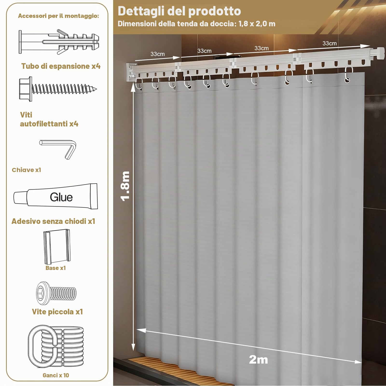 Barretta per tenda da doccia pieghevole, senza foratura, pieghevole e rotante in 4 posizioni, in lega di alluminio, con tenda da doccia impermeabile anti-muffa, 180 x 200 cm, per bagno
