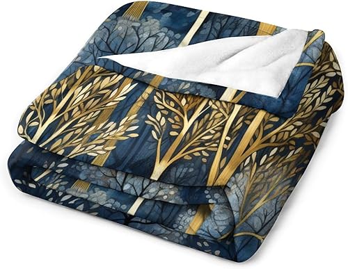 Miniatura 3 de Manta de invierno con diseño de bosque, azul y dorado, para cama, Navidad, manta de microfibra suave y acogedora para sofá, cama para adultos, 60 x