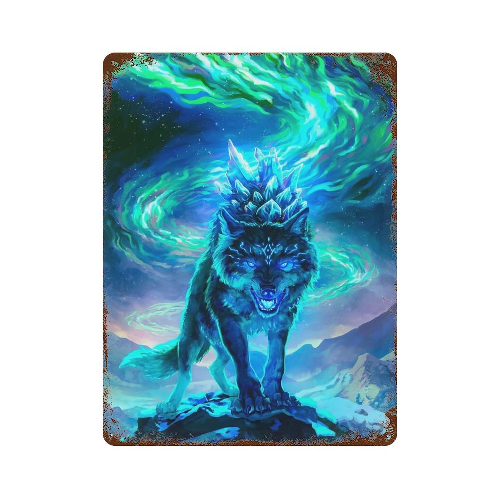 Aurora Ice Wolf Weathered Tin Sign 15.7"x11.8", for Garage, Bar And Workshop Decor, Vintage Wall Decor