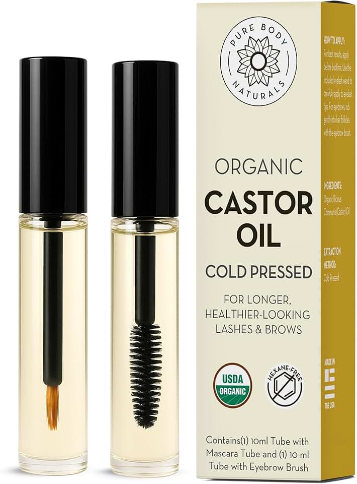 Pure Body Naturals Óleo de rícino para cílios e sobrancelhas – Soro nutritivo para crescimento de sobrancelhas e cílios – Óleo de rícino orgânico, prensado a frio, sem hexano – 2 aplicadores