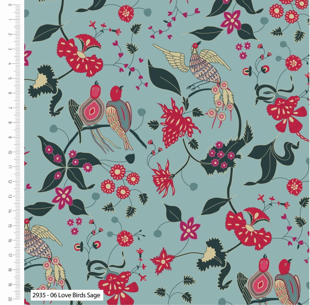 Animal Cotton Fabric – 100% Cotton Poplin, 44” Wide – Animal Nursery Themed Material for Sewing, Quilting, Crafts, Kids Nature Fabric Baby Nursery (Love Birds on Sage, Half Metre)