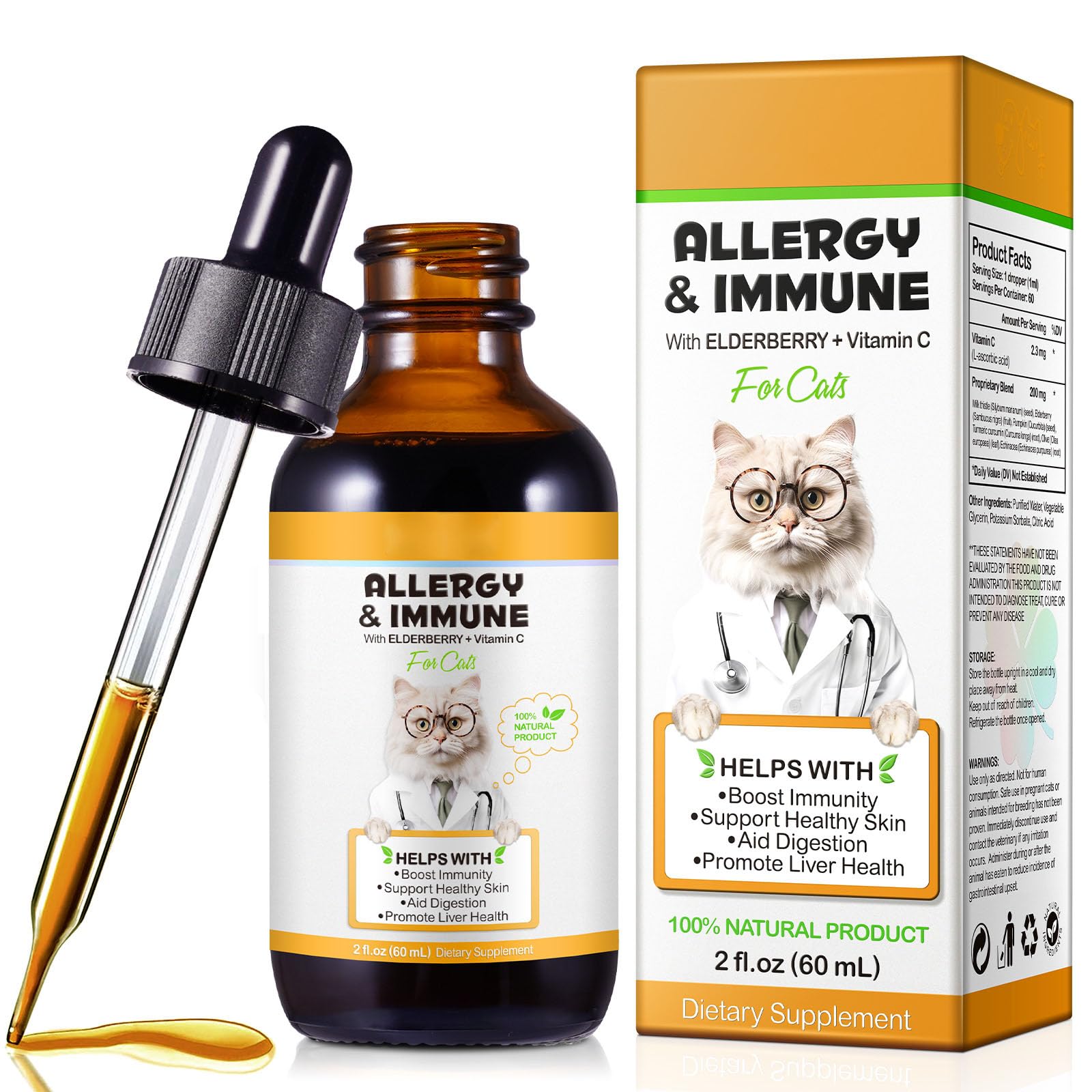 YIYOERYO Cat Itchy Skin Relief, Antihistamine for Cats With Elderberry + Vitamin C, Antibiotics for Cats 100% Natural Ingredients 60ml