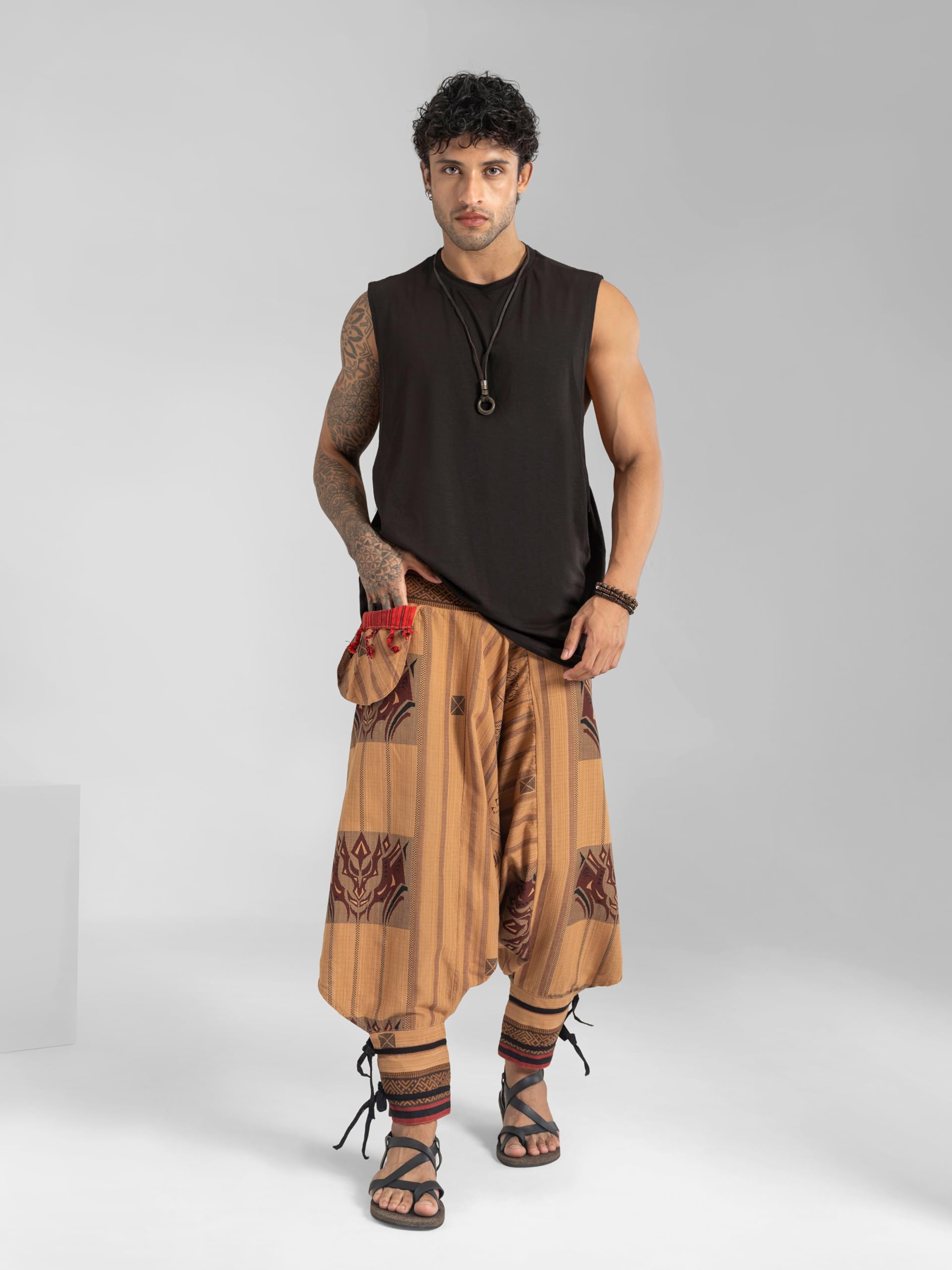 The Veshti Company Boho Harem Pants for Men – Low Crotch Tribal Hippie Trousers with Ethnic Detailing – Cotton Yoga Lounge Festival Wear, Beige, Large Size