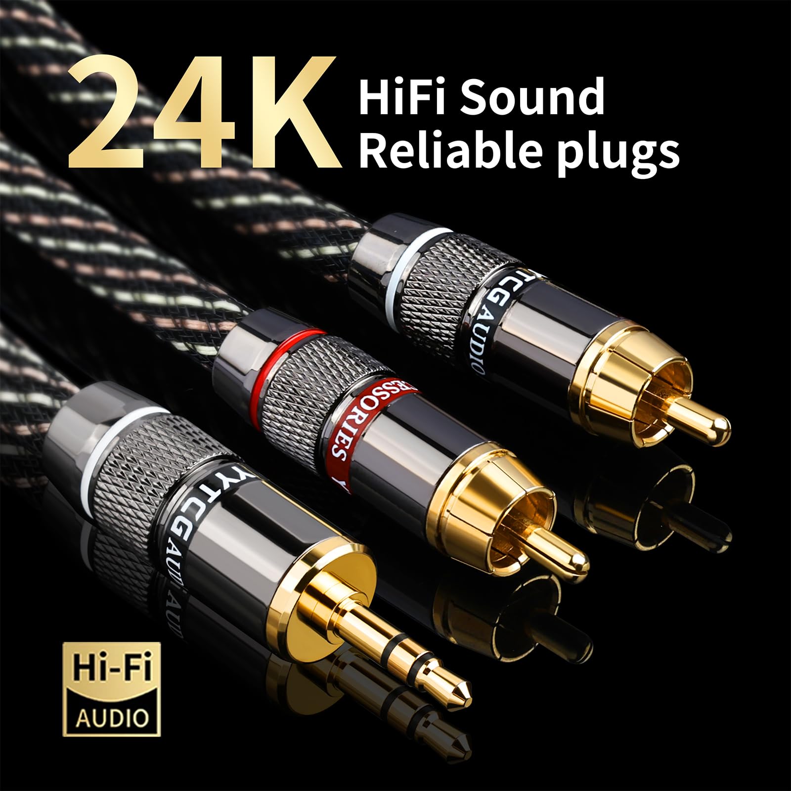 Audiophile - Cavo audio HiFi da 3,5 mm a 2 RCA maschio, nucleo OFC 4N, connettori placcati oro 24 K, con treccia in nylon, coassiale, compatibile con smartphone, laptop, lettore MP3