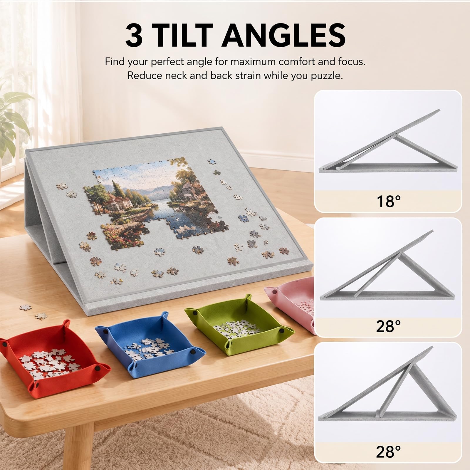 Plateau de Puzzle Pliable 1000 Pièces avec 6 Bols de Tri Colorés, Couverture 2-en-1 et Support de Puzzle, Gris Clair