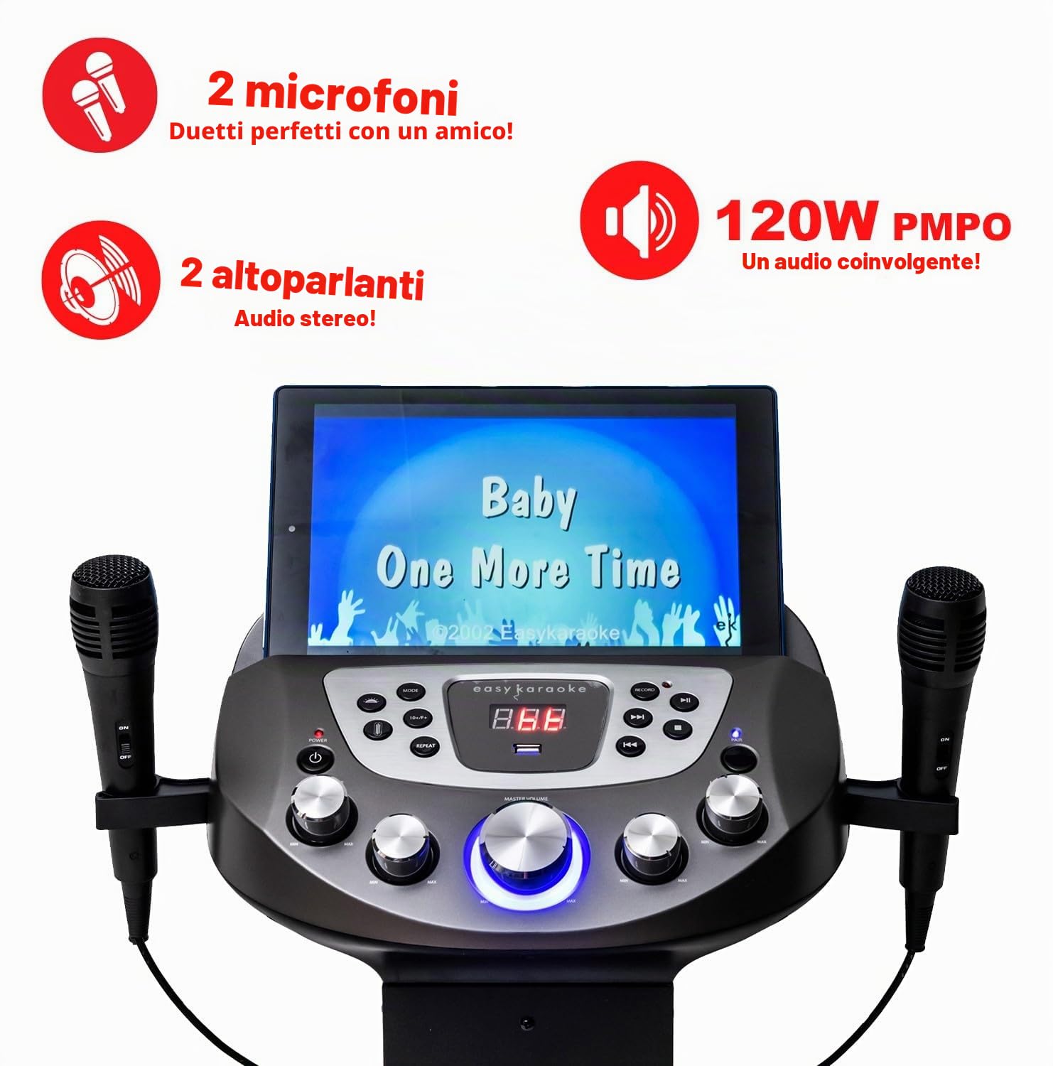 Easy Karaoke EKS828-BT - Sistema karaoke Bluetooth con altoparlanti integrati, potenza di picco di 90 W, luci LED, palla da discoteca e 2 microfoni