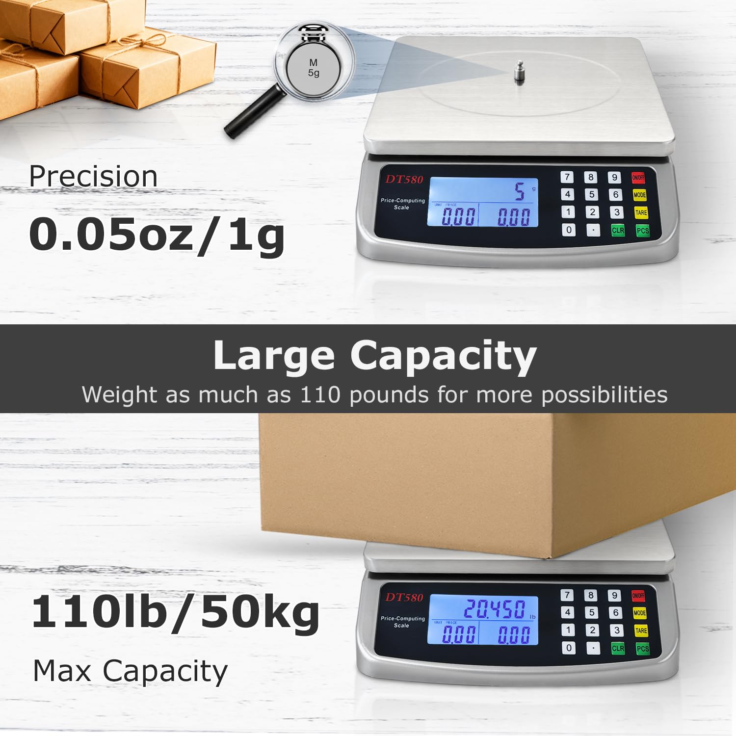 50 kg Lebensmittelwaage, große digitale Küchenwaage mit Tablett, 304 Edelstahl, kommerzieller Preis-Computerwaage, Zählwaage zum Backen, Kochen, Fleisch, Industrie, Zählen, Adapter im Lieferumfang