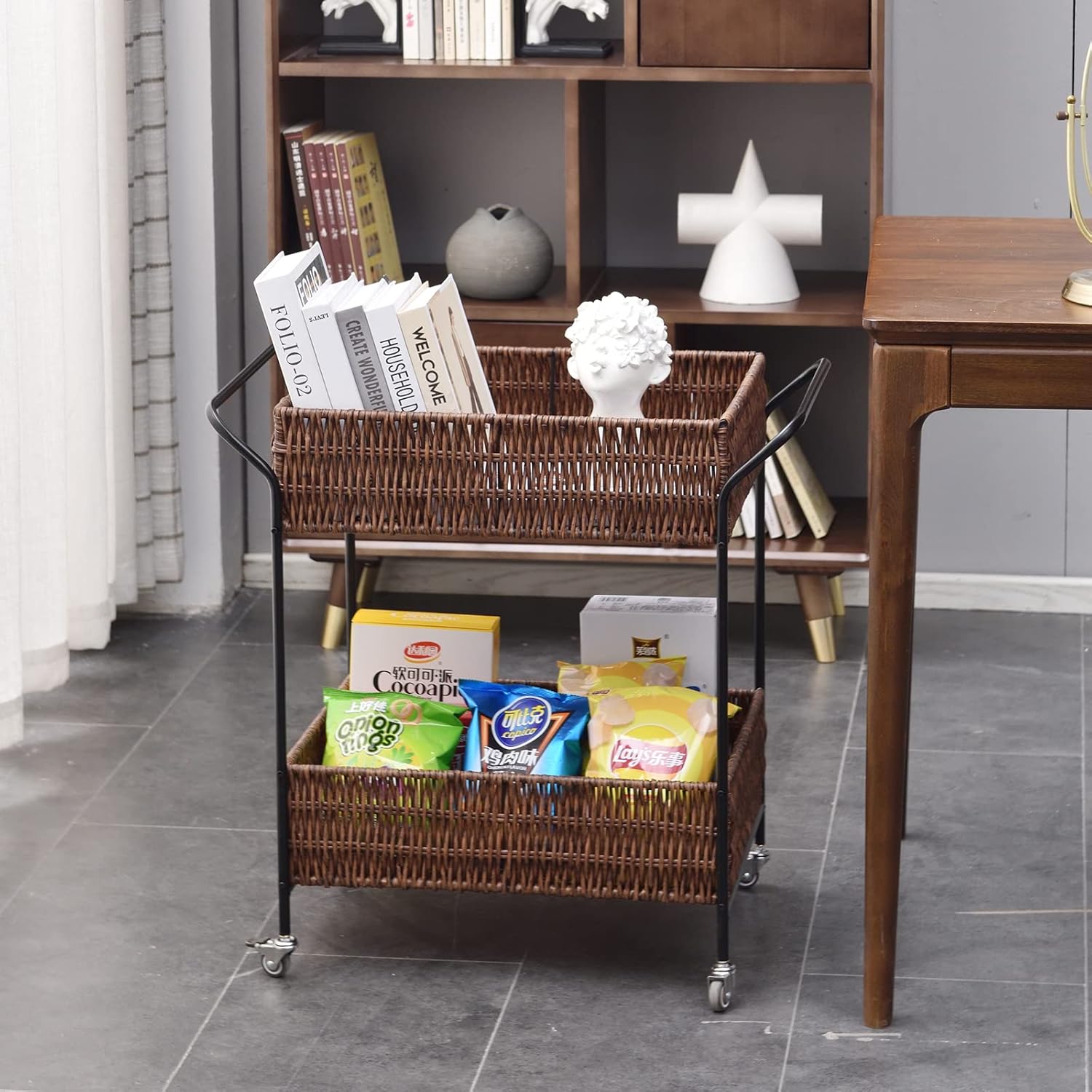 Lightweight Rattan Serving Bar Carts for Home 2 Tier