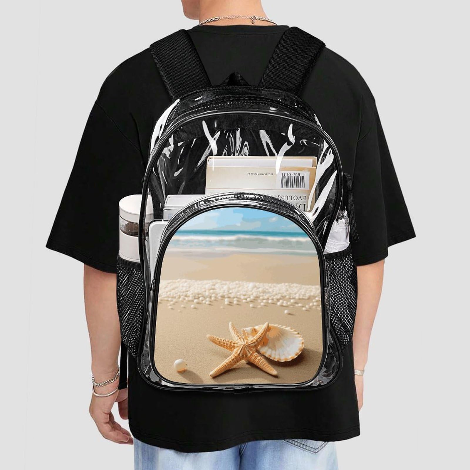 Transparenter Rucksack mit Seesternmuschel und Strand, groß, transparent, PVC, Büchertasche für Sicherheit, Arbeit, Reisen, Stadion