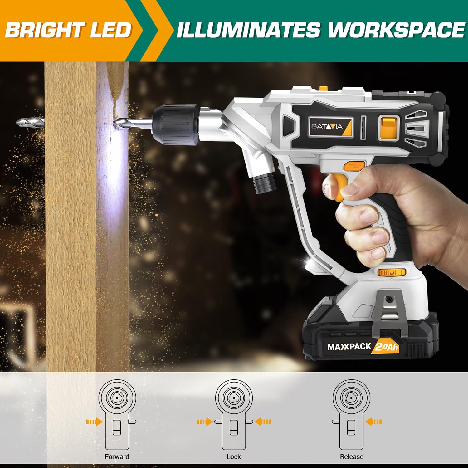 BATAVIA Cordless Drill with LED light illuminating workspace