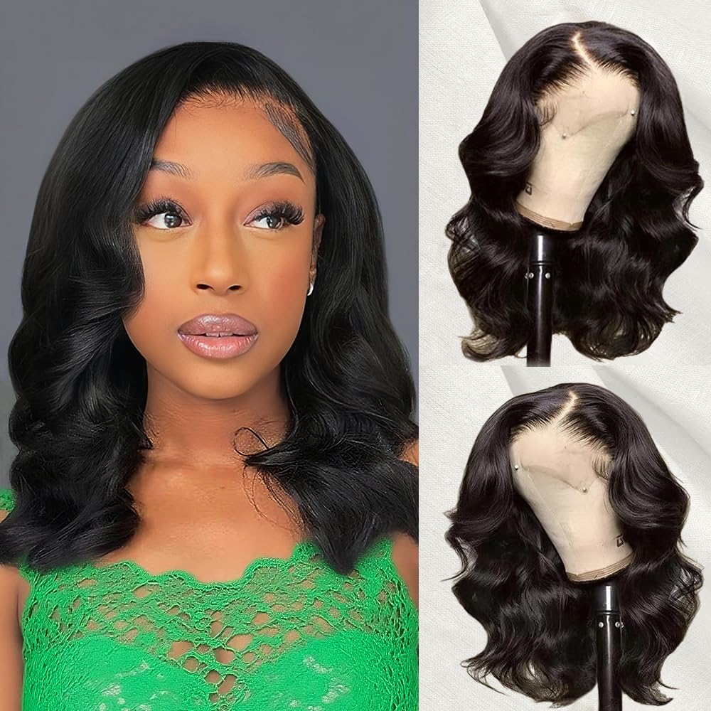 Body Wave BOB Wig Human Hair 13x4 Frontal Lace Wig 14 Inch 180% Density HD Transparent Lace Front Wigs Human Hair Wigs for Black Women Pre Plucked Natural Natural Color