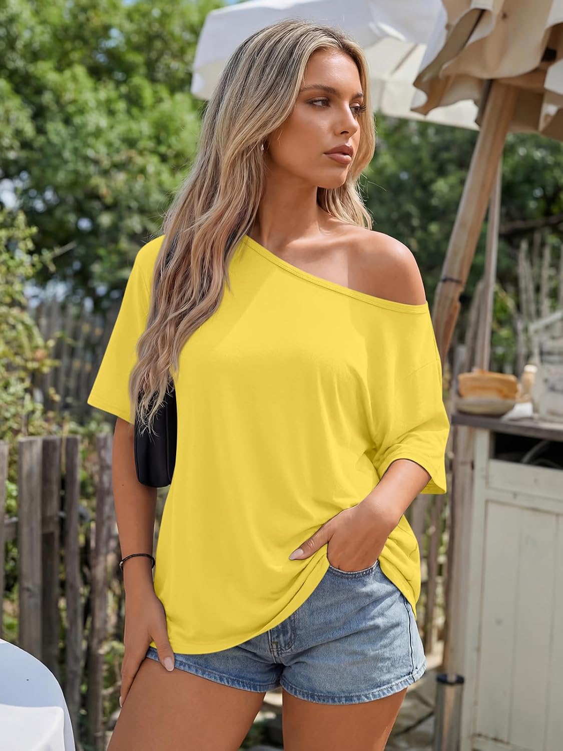 Trendy Queen Womens Off the Shoulder Tops Oversized Summer Spring T-Shirts 2026 thumbnail