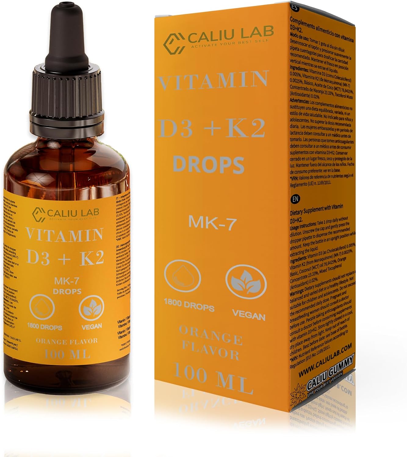 Vitamin D3+K2 Drops | 100ml | 50 µg (2000 IU) D3 + 25 µg K2 (MK-7) per Drop | MCT Oil | Vegetarian Formula | Bone & Immune System Support