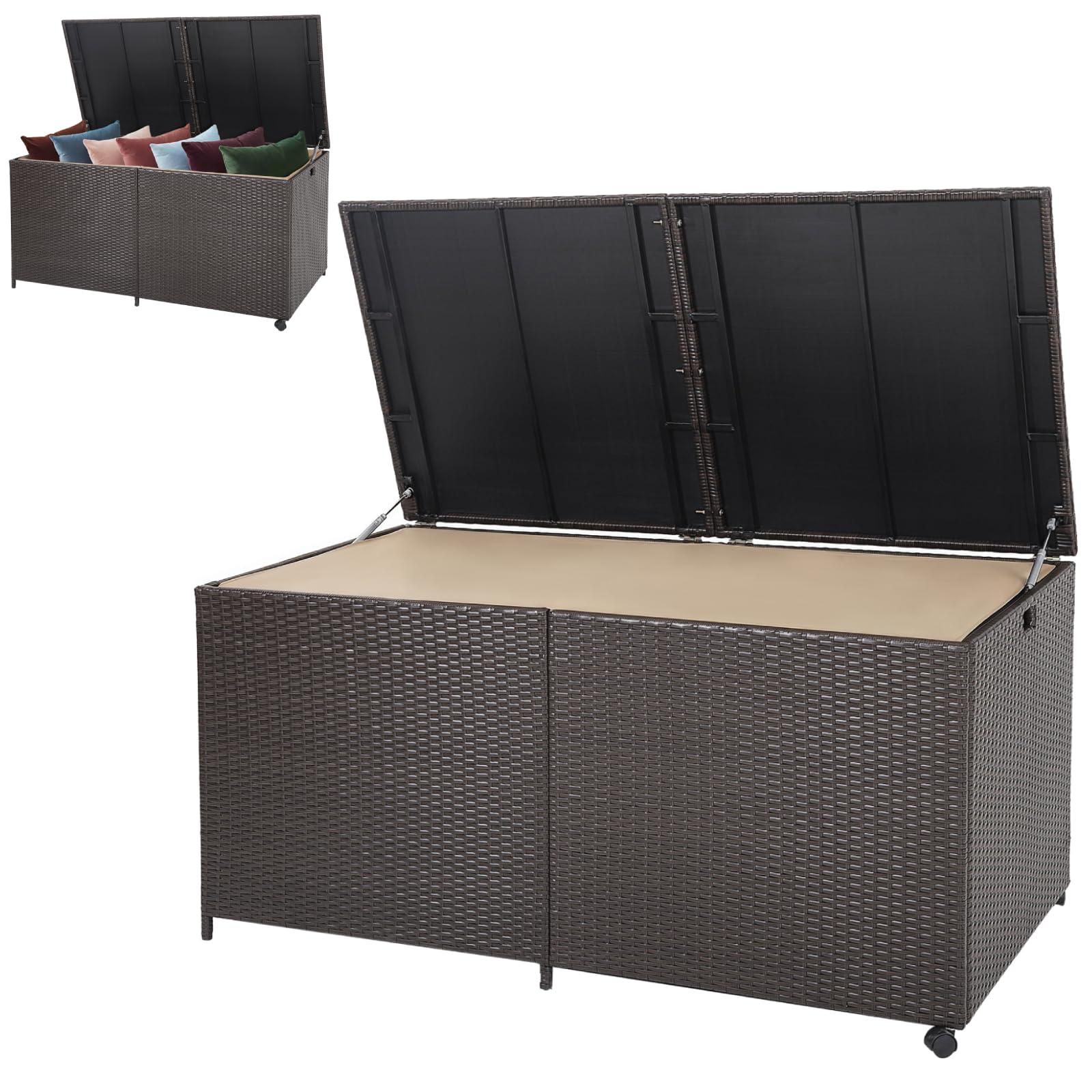 GiantexUK Garden Storage Box, Weatherproof Rattan Deck Box with Zippered Liner & Pneumatic Rod, Outdoor Utility Chest Container for Patio Cushions Gardening Tools (with Wheels, Khaki Liner, 660L)