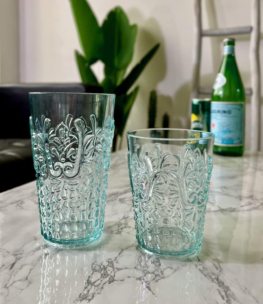 KLIFA- BLOIS- 15.2 & 20.5 ounce, Set of 8, Acrylic Tumbler & Highball Drinking Glasses Cups, BPA-Free, Stackable Plastic Drinkware, Dishwasher Safe, Vintage Looking Cups, Light Teal