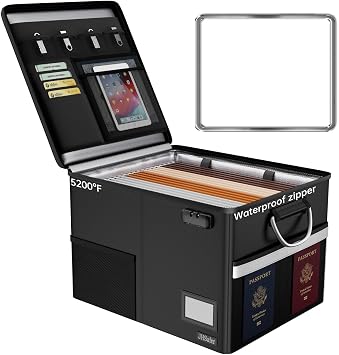 5200F Fireproof Document Box with Lock, Waterproof File Organizer with Handle, Portable Collapsible Filing Cabinet with Reflective Strip for Hanging Letter/Legal Folder, Black