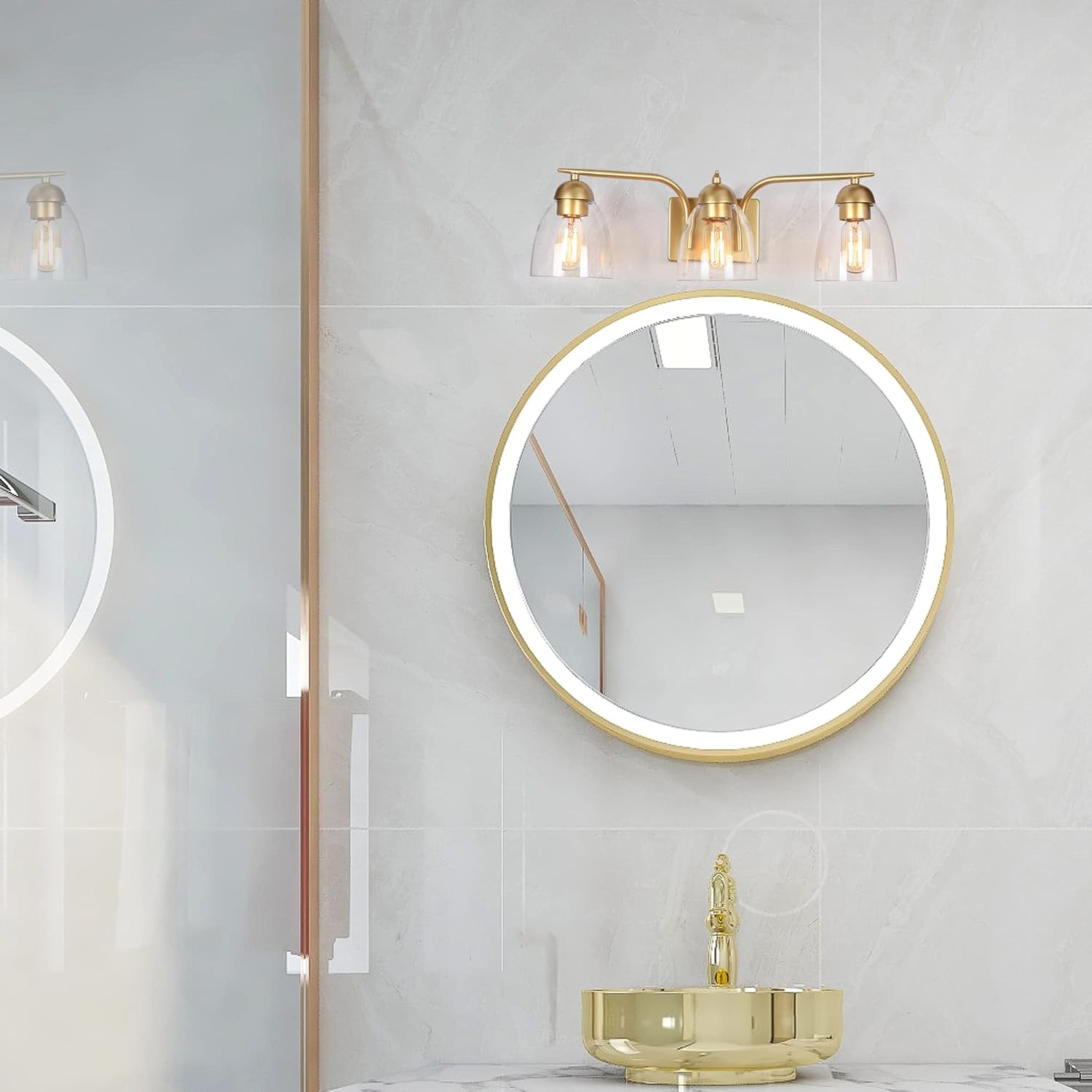 Durent Lighting Gold Bathroom Light Fixtures, Modern Vanity Lights Over Mirror, 3 Light Bathroom Lighting with Clear Shade, 22" x 6.6" x 6.5" image 5