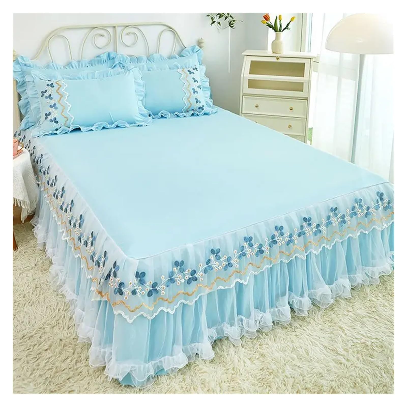 Lace Lotus Leaf Lace Bed Skirts Princess Style Solid Color White Pink Bedspread Bed Cover Sheets(Color-05,150x200cm 1pcs)