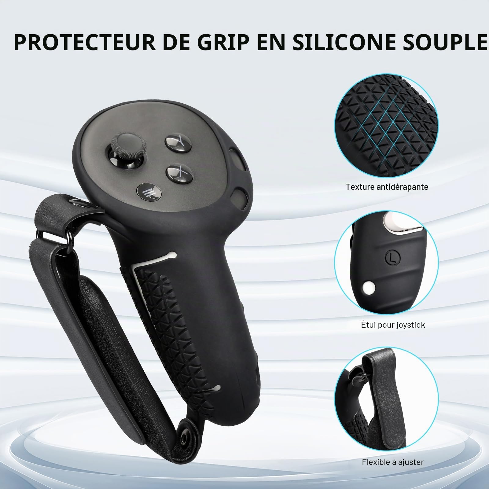 VR Touch Manette de Protection en Silicone pour Casque Meta Quest 3S/Quest 3 avec dragonne réglable, 1 Paire de poignées de Pouce et couvercles de Batterie, Noir, Style Simple