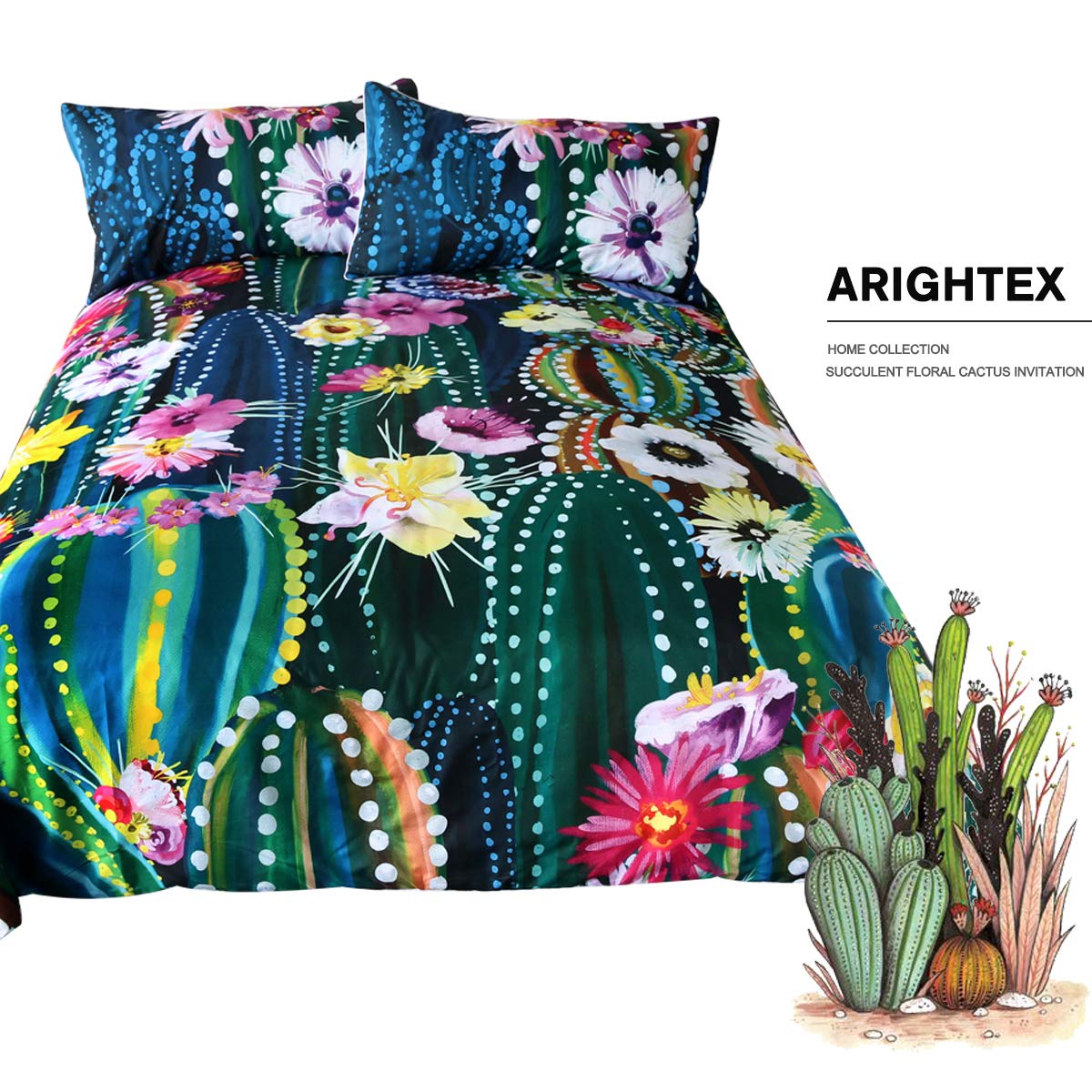 ARIGHTEX Southwest Cactus Duvet Cover Set Pink Red Floral Bedding Dark Green Succulent Cactus Quilt Cover (King)