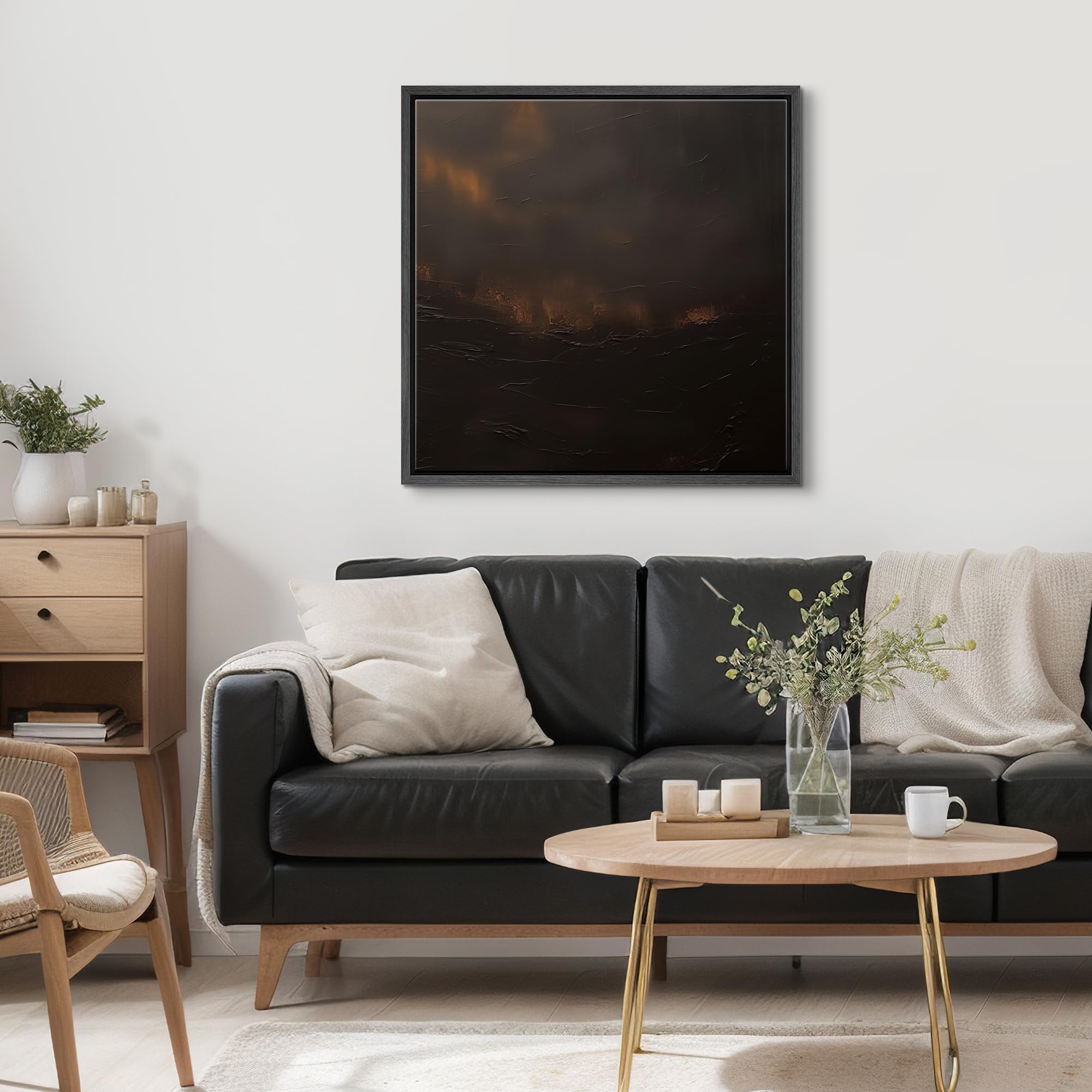 SIGNFORD Framed Canvas Print Wall Art Dark Abstract Modern Moody Black and Gold Illustrations Rustic Colorful for Living Room, Bedroom, Office - 24"x24" Black