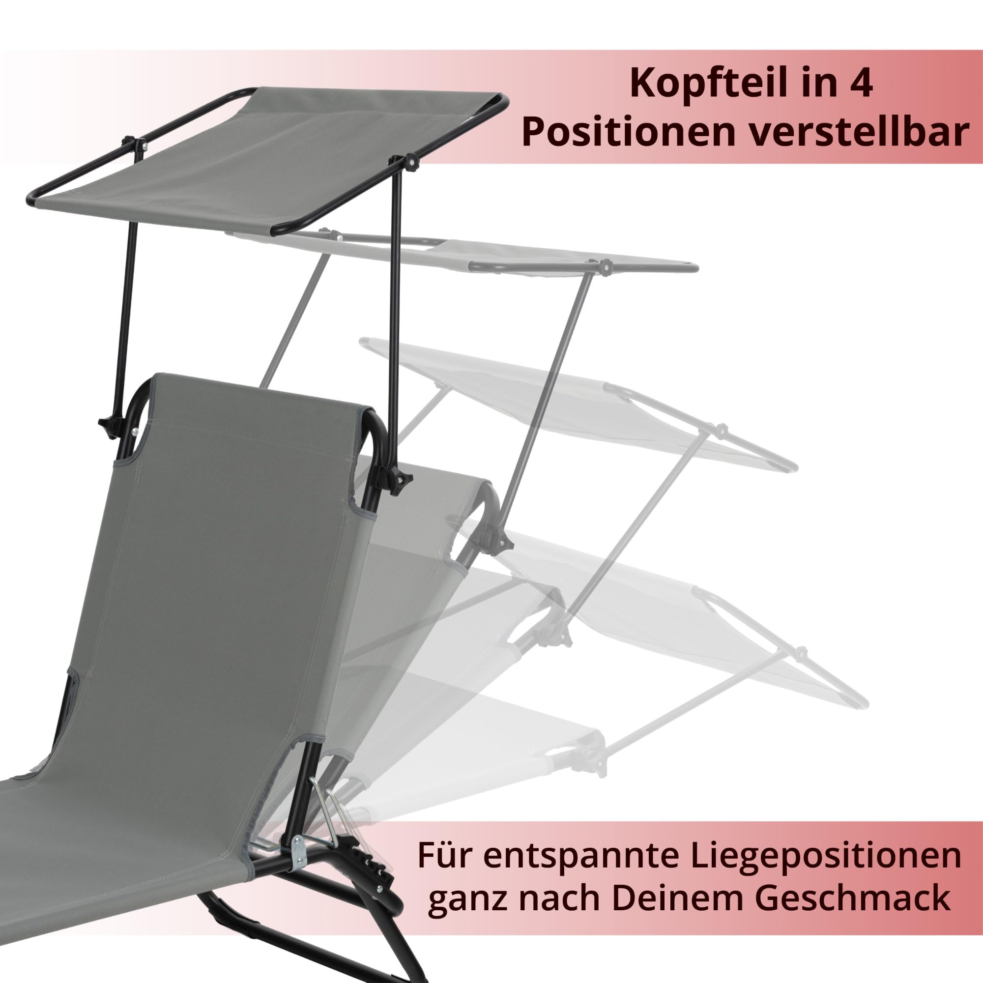Stagecaptain CS-190 Sonnenliege klappbar mit Dach 2X Set – Gartenliege 190cm - Verstellbare Rückenlehne & Sonnendach - Wetterfest & faltbar für Garten, Balkon, Terrasse, Strand, Camping - Schwarz-Grau