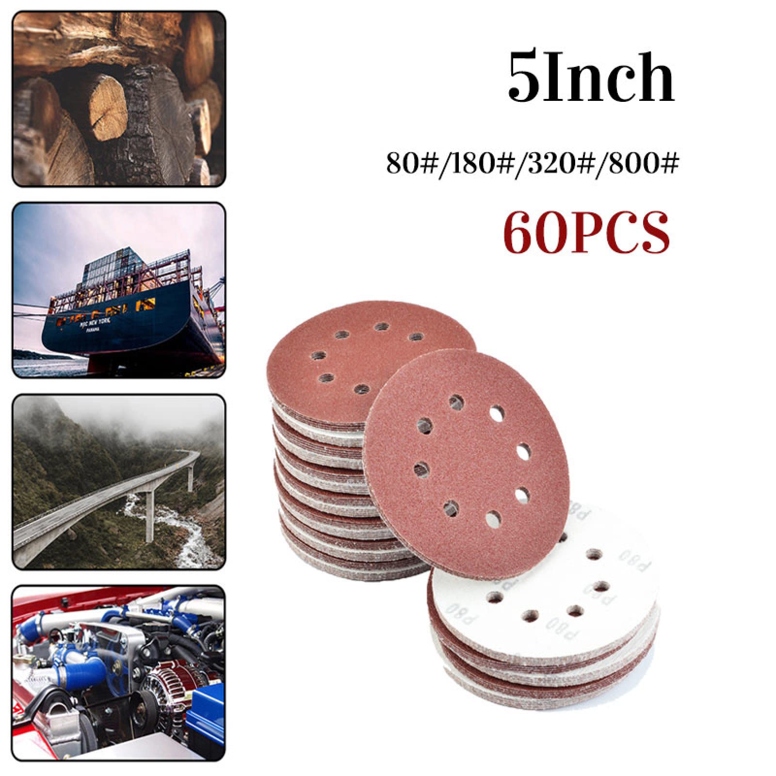 60pcs 5 Inch 125mm Round Sandpaper Sanding Disc Eight Hole Disk Sand Sheets Grit 80-800 Hook And Loop Polish Abrasive Tools