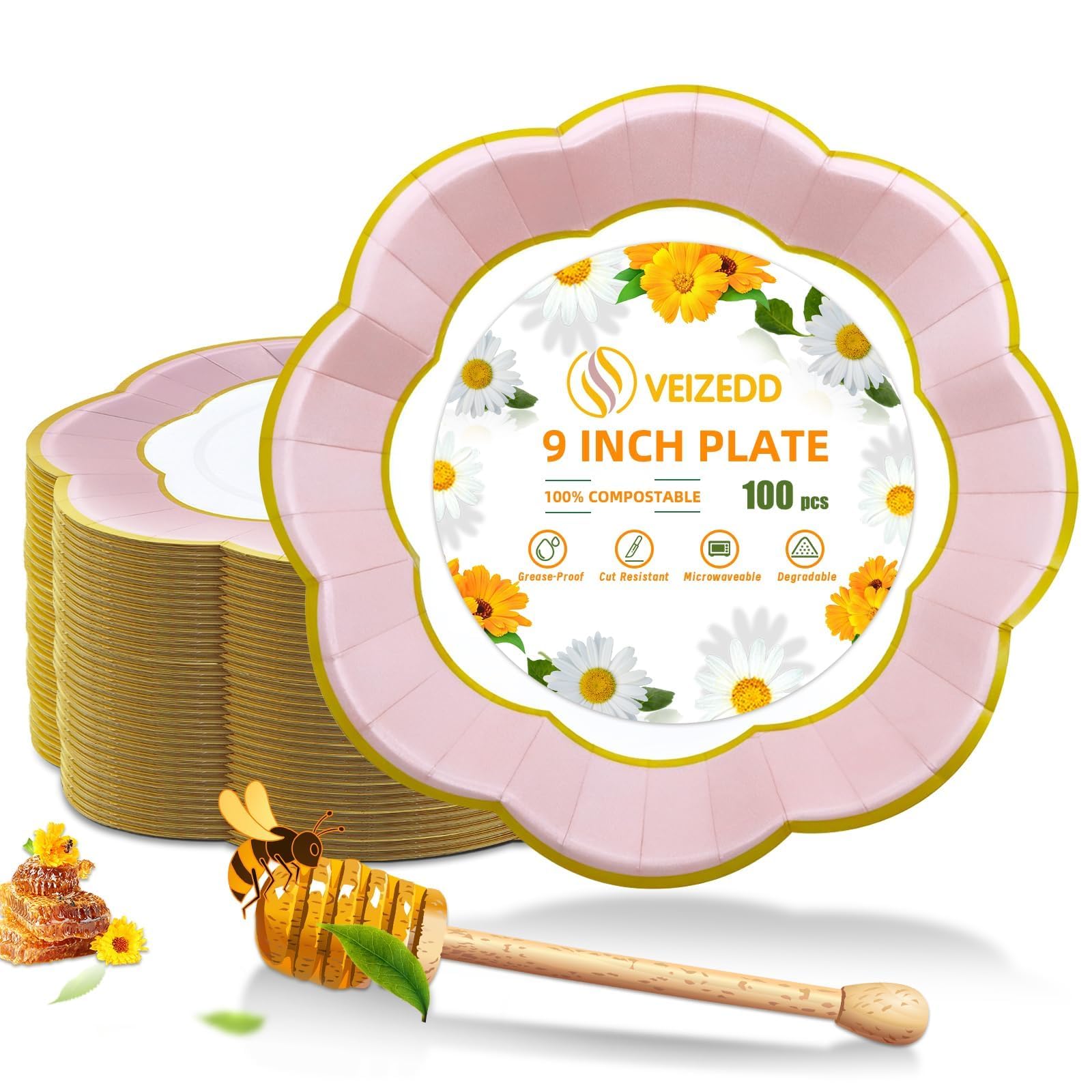 VEIZEDD100 PCS Pink Paper Plates 9 Inch - Pink and Gold Plates Microwave-Safe Pink Party Plates for Birthday, Wedding,Baby Shower.