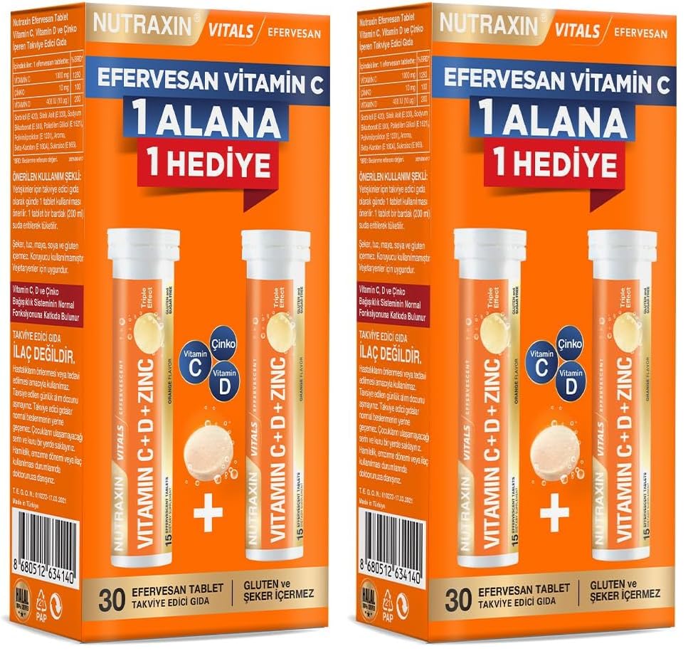 Nutraxin Effervescent Vitamin C-D-Zinc – 1000 mg C Vitamini, 400 IU D3 ve 10 mg Çinko İçeren Portakal Aromalı Efervesan Tablet – 30 Tablet – Vegan (2 paketi)