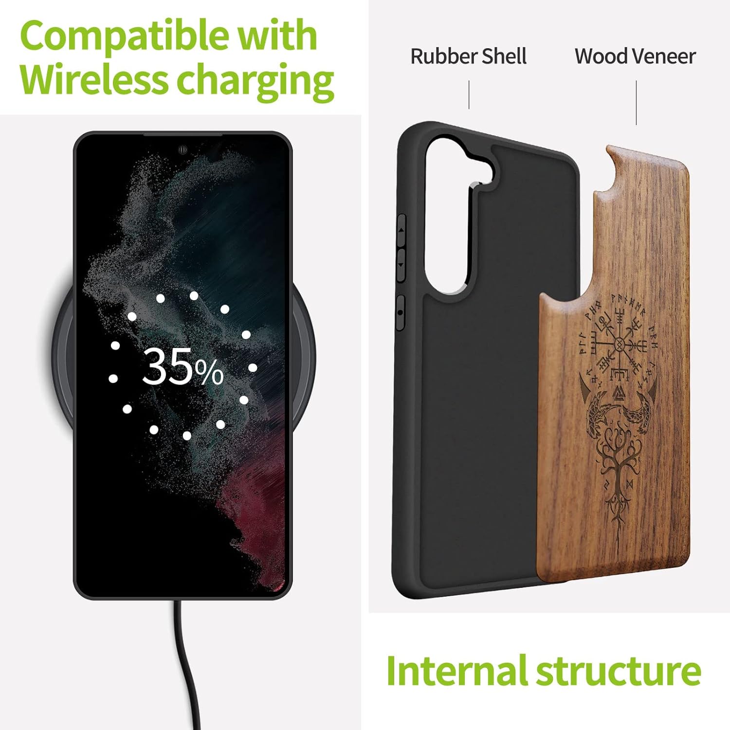 Carveit Wood Case for Galaxy S23 Case [Natural Wood & Black Soft TPU] Shockproof Protective Cover Unique & Classy Wooden Design Compatible with Samsung S23 (Viking Compass-Walnut)